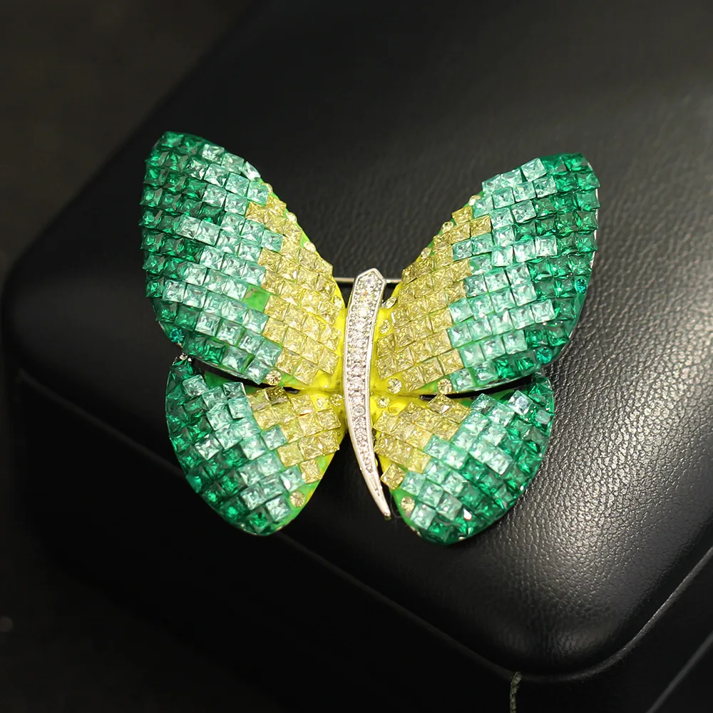 Luxury Gradient Pink Green Butterfly Brooch, Checkered Pavé Crystal Formal Gown Banquet Pin for Women