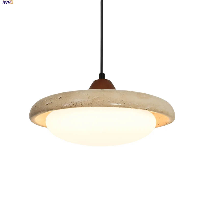 

IWHD Yellow Travertine LED Pendant Light Fixture Living Room Coffee Bar Nordic Modern Home Decor White Glass Wabi Sabi Hang Lamp