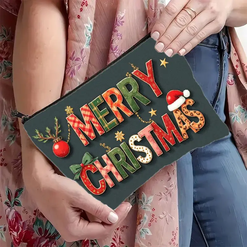 Lightweight And Portable Cosmetic Bag Featuring a Festive Merry Christmas Desig Zipper Closur Durable Travel Toiletry Pouch