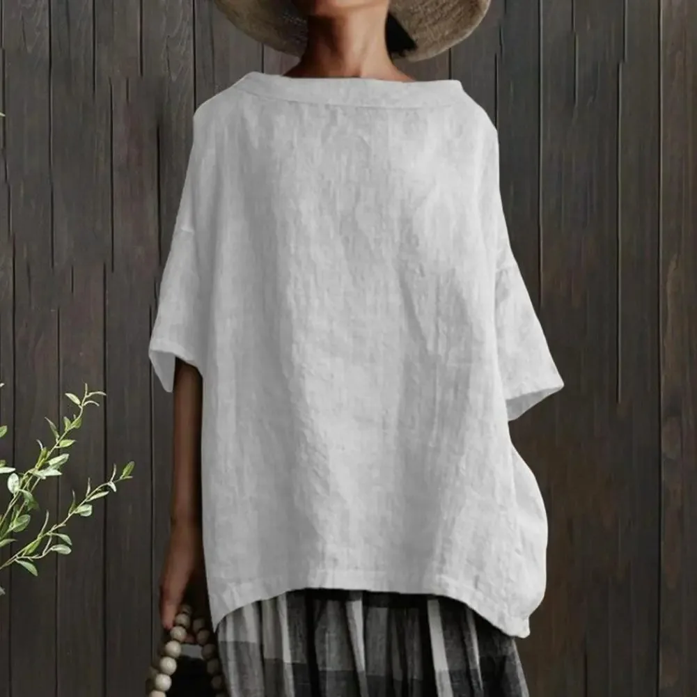 Nowa letnia koszulka damska z okrągłym dekoltem, tkana, w stylu bawełniano-lnianym, jednolita, luźna, europejsko-amerykańska, kolekcja 2025.