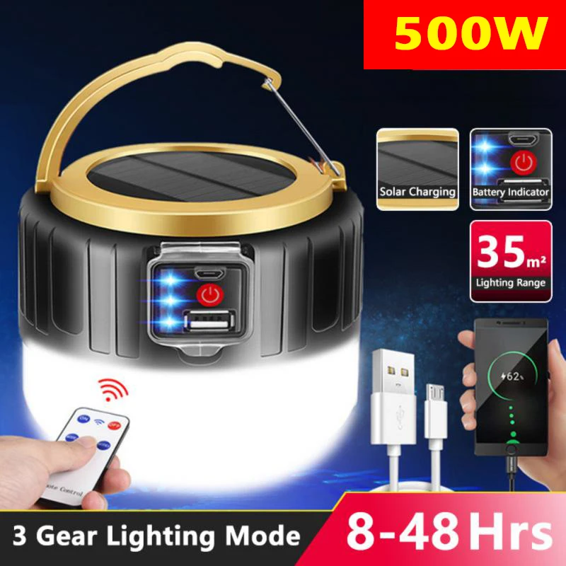 

500W Solar LED Camping Lamp USB Rechargeable Lamp Outdoor Tent Lamp Portable Lantern Emergency Lighting Barbecue Hiking Lighting