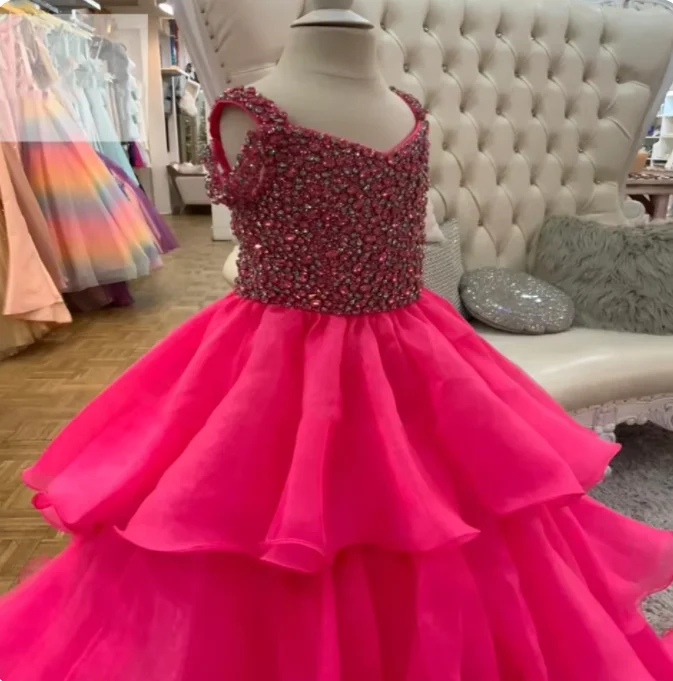 Robe de reconstitution historique rose avec bretelles en organza perlées pour filles, robe de princesse à col, robe de soirée d'anniversaire pour enfants, robes de Rhpour adolescents