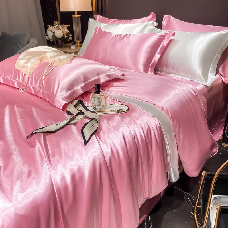 Solid Silk Bedding Set with Duvet Cover Bed Sheet Pillowcases Luxury King Single Double Couple Pillow Case Bedsheet