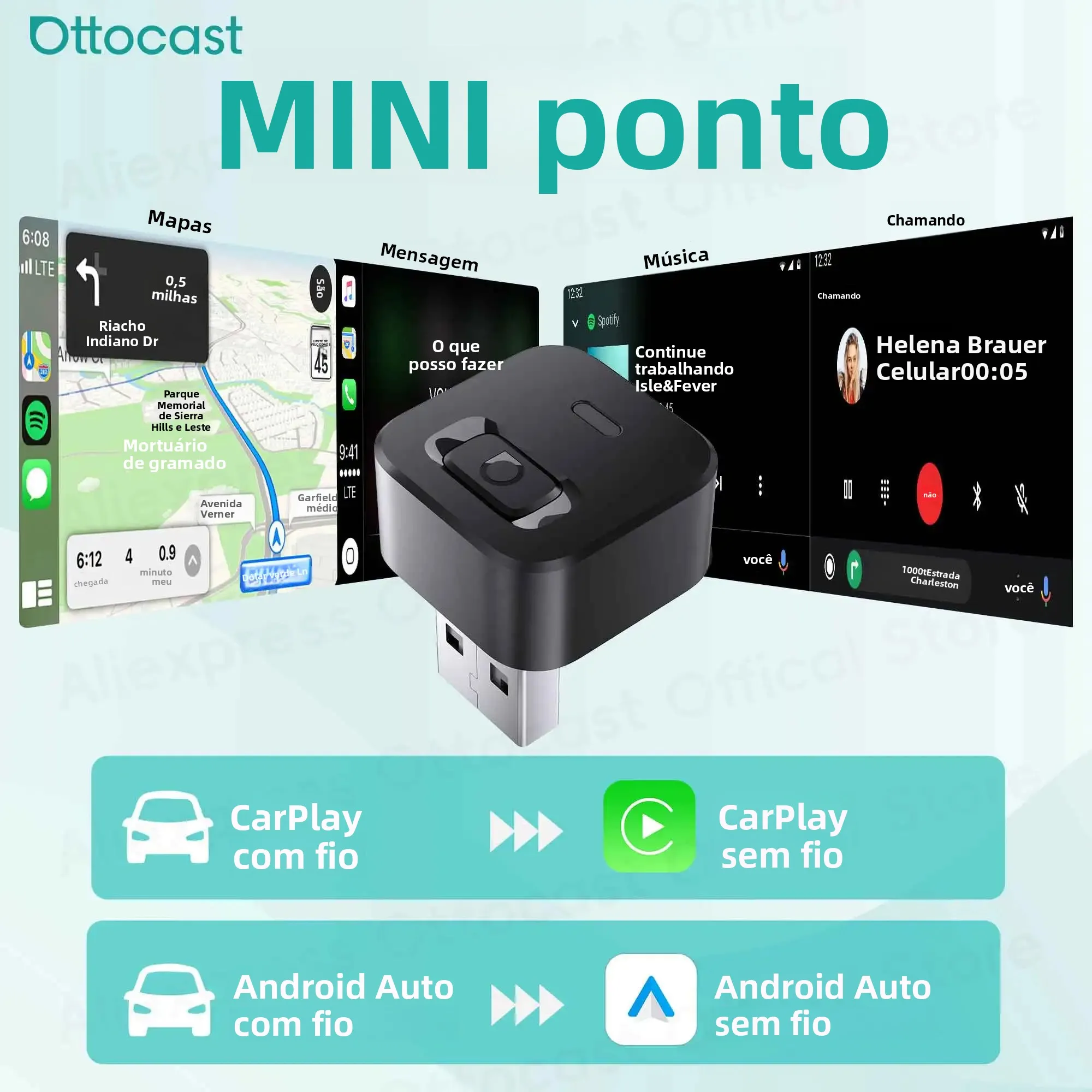 Otocast mini dot sem fio carplay android adaptador automático 2 em 1 usb dongle acessórios do carro para vw toyota hyundai skoda chevrolet