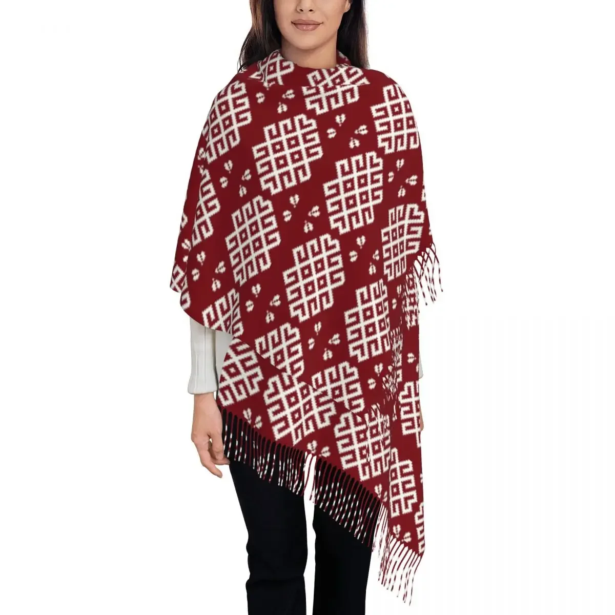 Womens Scarf with Tassel Latvian Pattern Large Winter Warm Shawl Wrap Daily Wear Pashmina Scarves