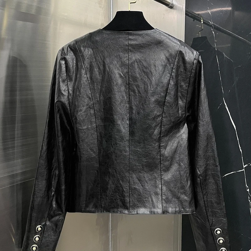 2024 outono nova motocicleta sle pu jaet ort casaco v-ne ele e legal feminino up faion retro couro jaet