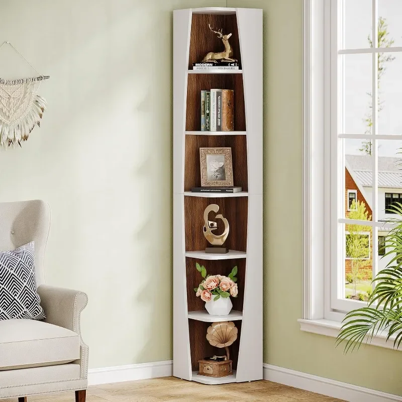 

70.9 Inch Tall Narrow6-Tier Corner Bookshelf White and Walnut Corner Bookcase, Freestanding Boat-shaped Opening Display Shelves