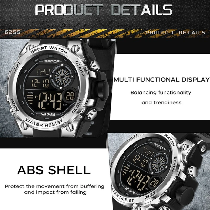 SANDA 6255 موضة ساعة رجالي إلكترونية رياضية متعددة الوظائف مقاوم للماء مضيئة كرونوغراف ساعات للرجال Reloj Hombre