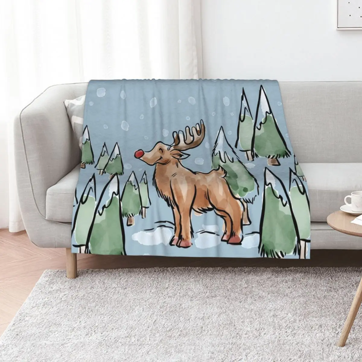 Watercolor Painting of Red Nose Reindeer in Christmas Snow Throw Blanket Extra Large Throw Thermal for babies Flannel Blankets