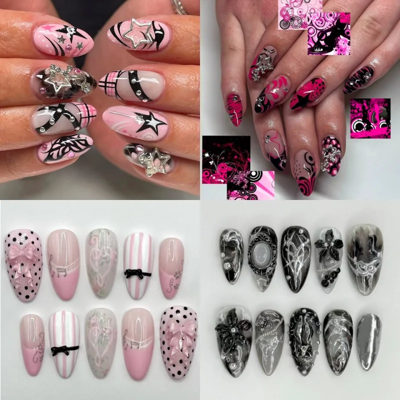24PCS Y2k Pink French Spice Girls Press on Nails 3D Metallic Silver Star Sweet Cool Butterfly Almond Reusable False Nails Tips