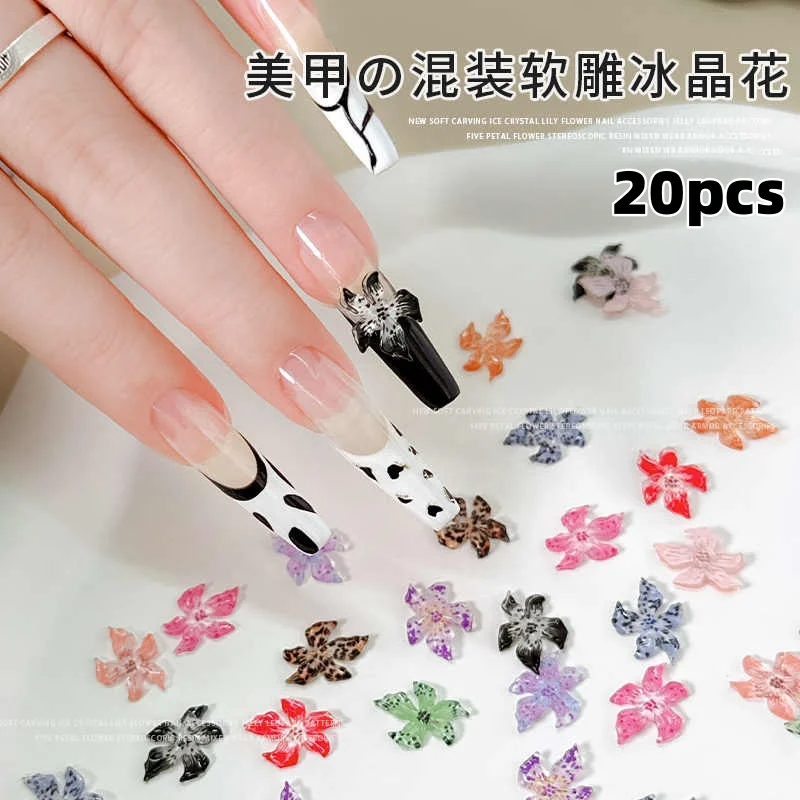 20 pçs 3d semi-transparente lírio floral encantos de unhas design de flor de cristal de gelo macio com impressão de leopardo para decoração de manicure diy