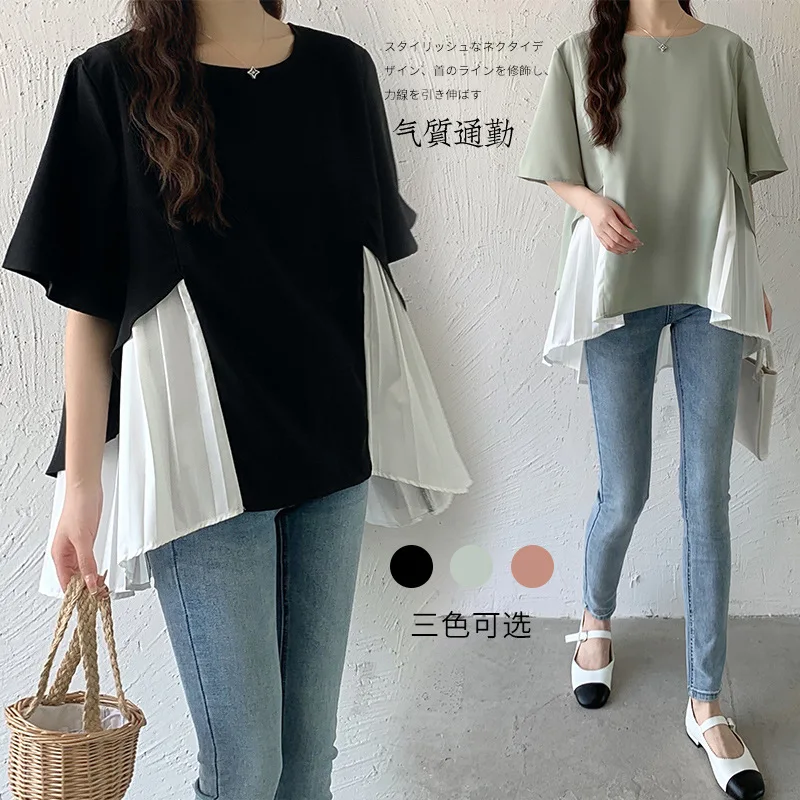 

2024 New Lotte Round Neck Five-quarter Sleeves Loose Hem Stitching Pleated Short-sleeved Irregular Chiffon Shirt For Women