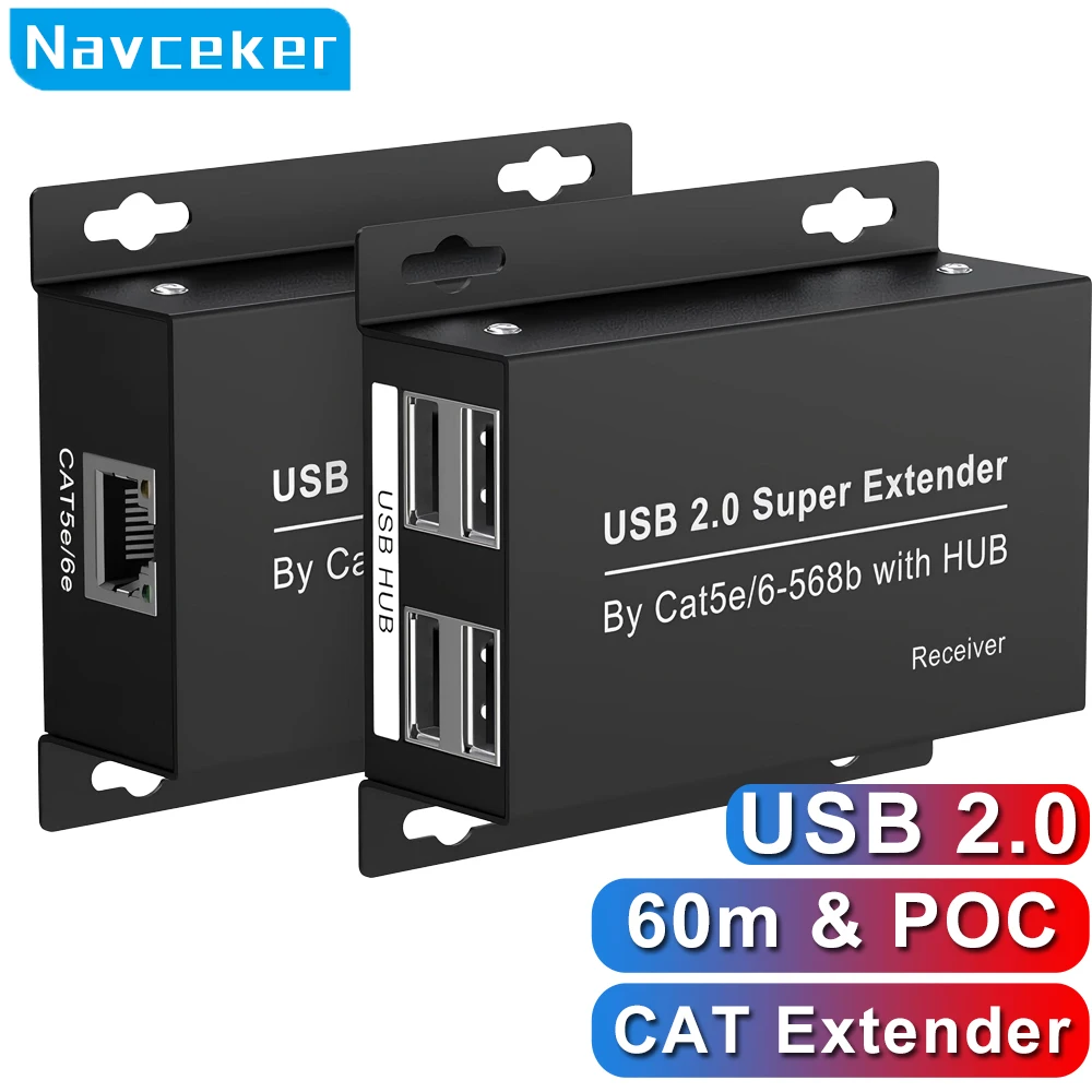 Navceker 60m USB 2.0 Extender Adapter 4 Port USB HUB Extension Over RJ45 Cat6 Lan Cable USB Transmitter Receiver for Camera PC