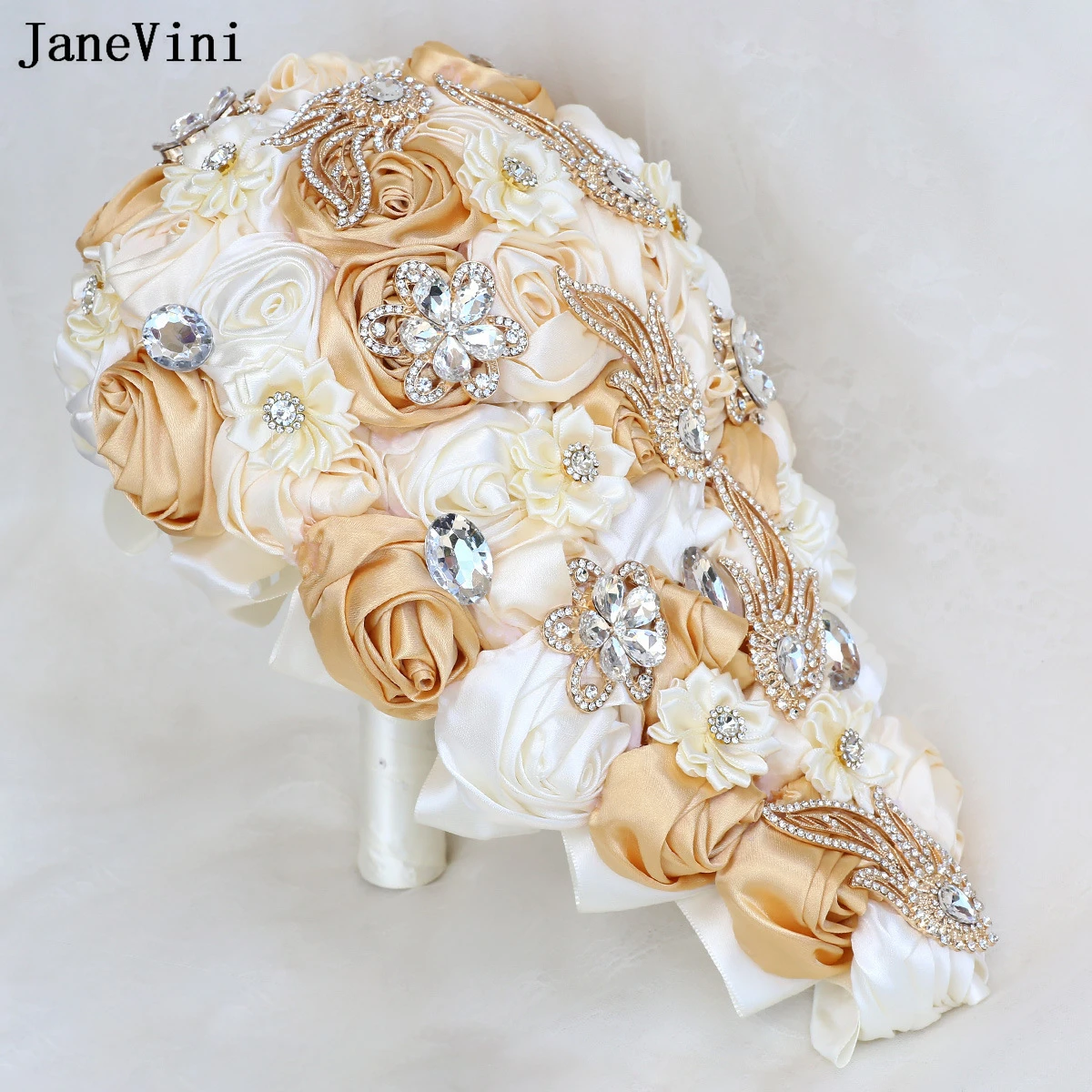 JaneVini Light Khaki Waterfall Bridal Bouquets Bling Gold Rhinestone Artificial Satin Roses Cascade Bride Flower Wedding Bouquet