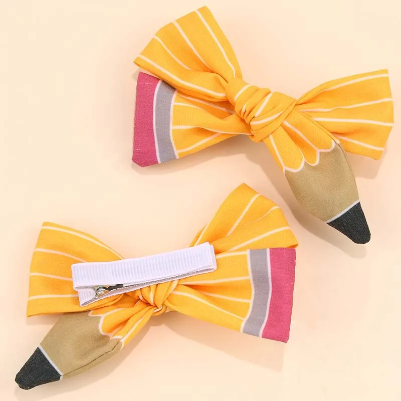 ncmama 2Pcs New Pencil Hair Bow Clips for Baby Girls Back To School Ribbon Bowknote Hairpin Barrettes Headwear Hair Accessories