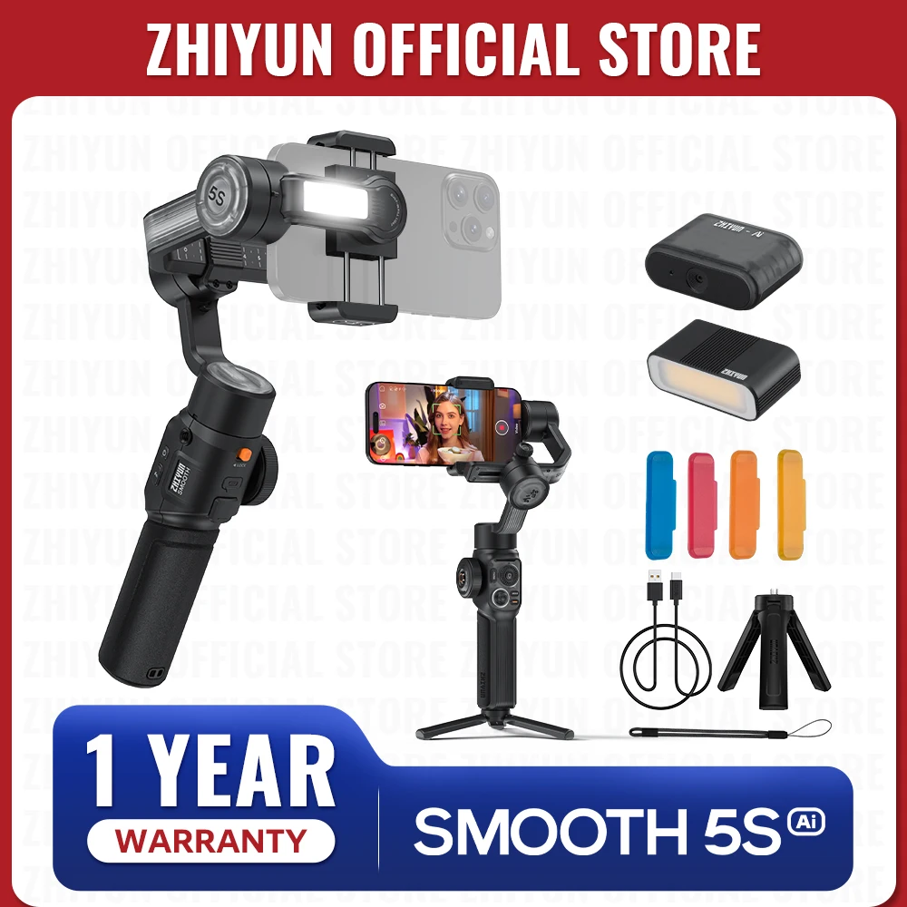 ZHIYUN Official SMOOTH 5S AI Tracking Handheld Stabilizer 3-Axis Smartphone Gimbal Outdoor Gimbals for iPhone 15 Pro Max Xiaomi