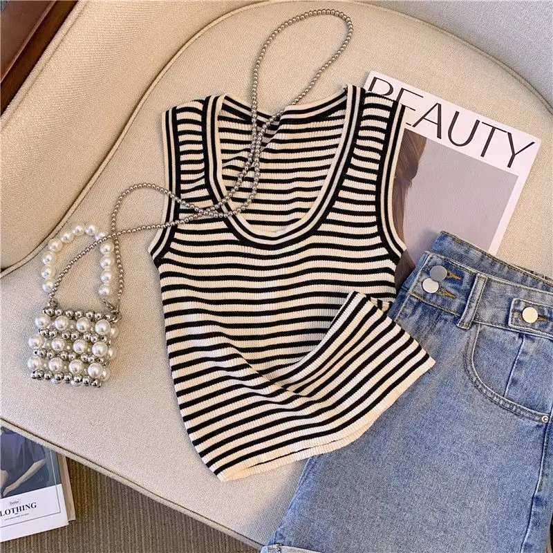 Sexy Knitted Ice Silk Striped Tank Top Unique Sweet Hot Girl Short Low Neckline Sleeveless Top Tank Top Women