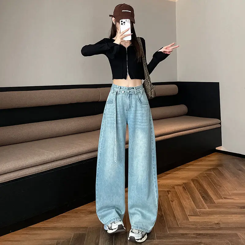 Blue high waisted jeans for women in spring 2025 new style slim curved knife pants large size loose and wide leg pants