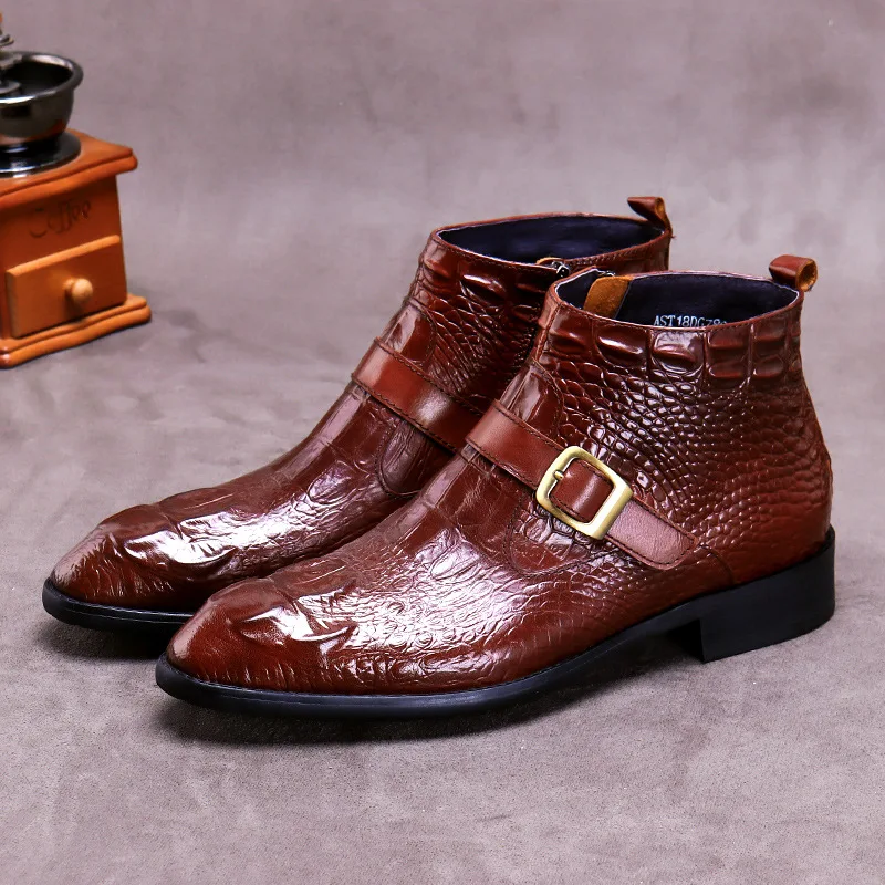 Botas de cuero con hebilla para hombre, botines de piel de vaca de piel auténtica con relieve de cocodrilo, botas cortas de negocios con punta estrecha y cremallera para hombre