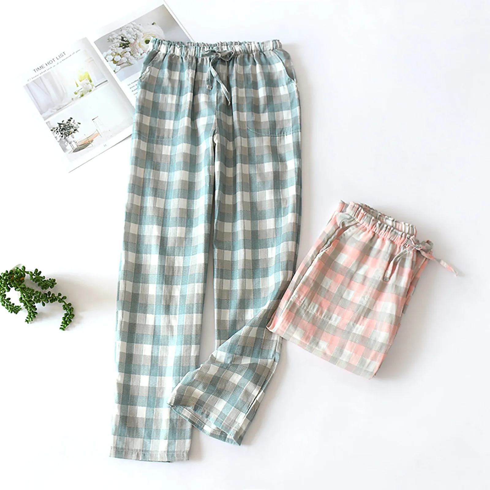 

Women Plaid Printed Pants Full Length Long Trousers Casual Indoor Outdoor Elastic Waist Loose Comfort Pants Ladies Work Clothes
