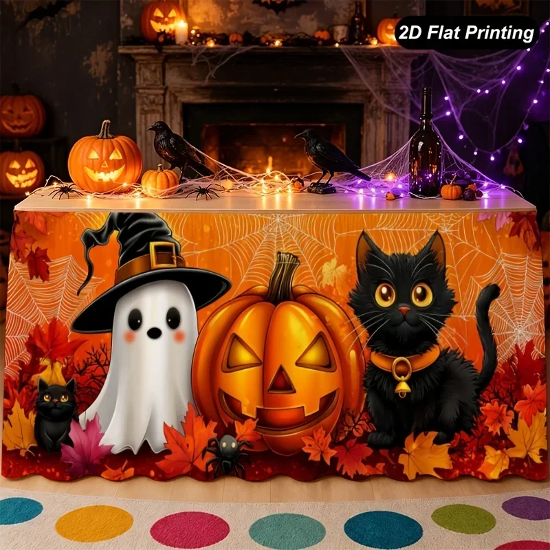 1pc Halloween table skirt, with ghost wizard hat and black cat with golden eyes. Suitable for Halloween.xzj