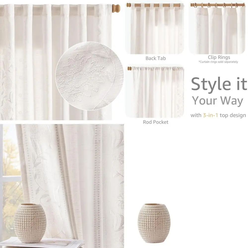 

Embroidered Floral White Linen Curtains, 84 for Bedroom, Farmhouse Style, Light Filtering, 2-Panel Set