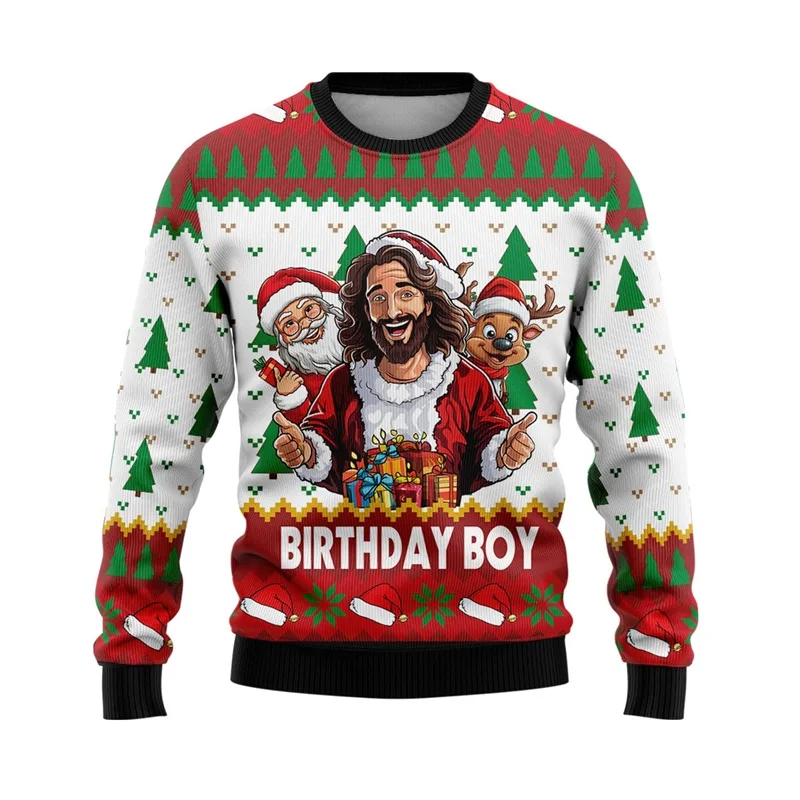 Full Print Men Women Ugly Jesus Jumper Sweatshirts Long Sleeve Crew Neck Christmas Jersey Sweatshirt Mens Hoodies Clothes