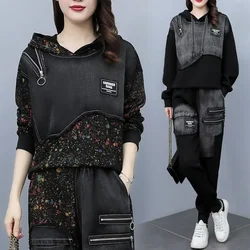 Oversize Women Two Piece Set Denim Patchwork Sets Design Autumn Sports Suits Women's Pants 2 Sets Hoodie Long Sleeve Trouser