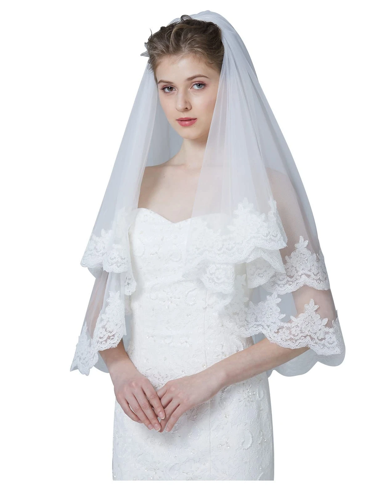 Wedding Bridal Veil with Comb 2 Tier Floral Lace Applique Edge Elbow Length