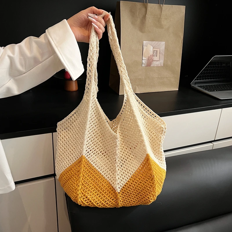 

Модная женская большая пляжная сумка, мягкая сумка в стиле бохо с крупной нитью, тканая сумка через плечо для покупок, летняя повседневная сумка через плечо