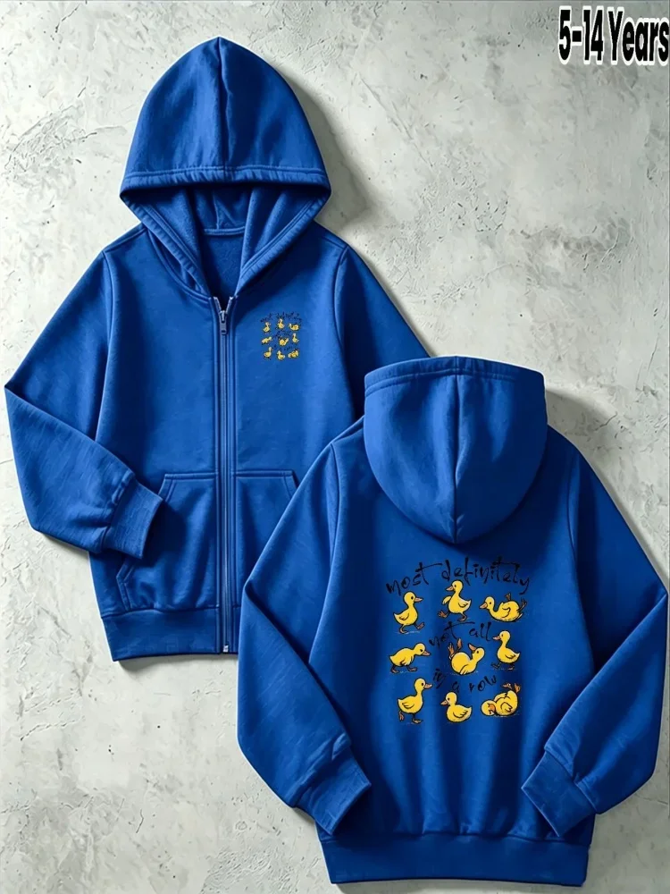 Kids Red Zip Up Hoodie Cute Yellow Duck Slogan Print Front And Back Pattern Long Sleeve Pocket Casual Hooded Jacket For 5 To 14