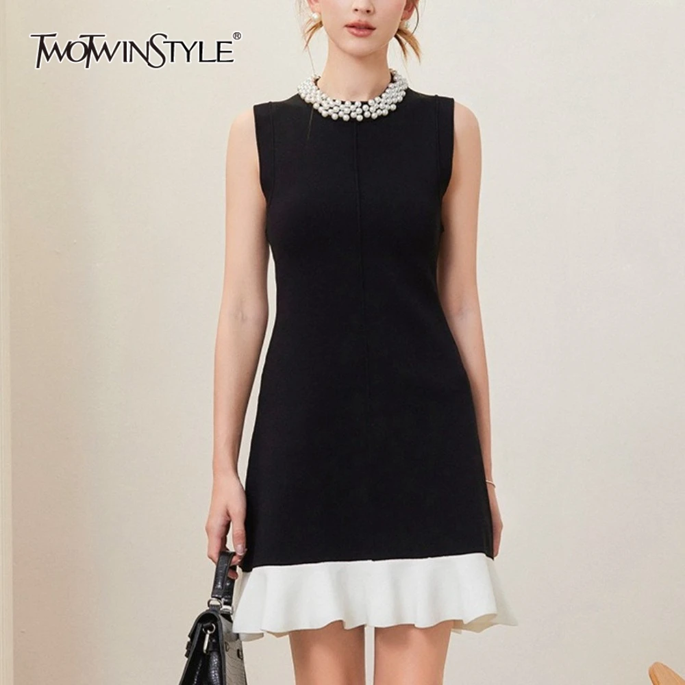 

TWOTWINSTYLE Hit Color Slimming Spliced Bead Elegant Mini Dresses for Women Round Neck Sleeveless Patchwork Ruffles Dress Female
