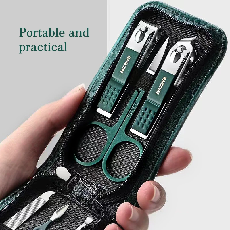 6 Pcs/Bag Portable Luxury Manicure Sets Bright Black Nail Clipper Set Green Nail File Eyebrow Scissors Personal Care Tools