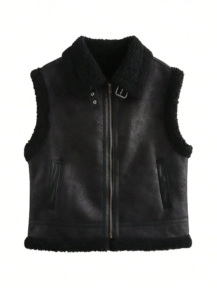 HH Women Vintage Black Faux Leather Fleece Waistcoats Sleeveless Zipper Vest Tops 2025 Autumn Winter Thick Warm Outwear