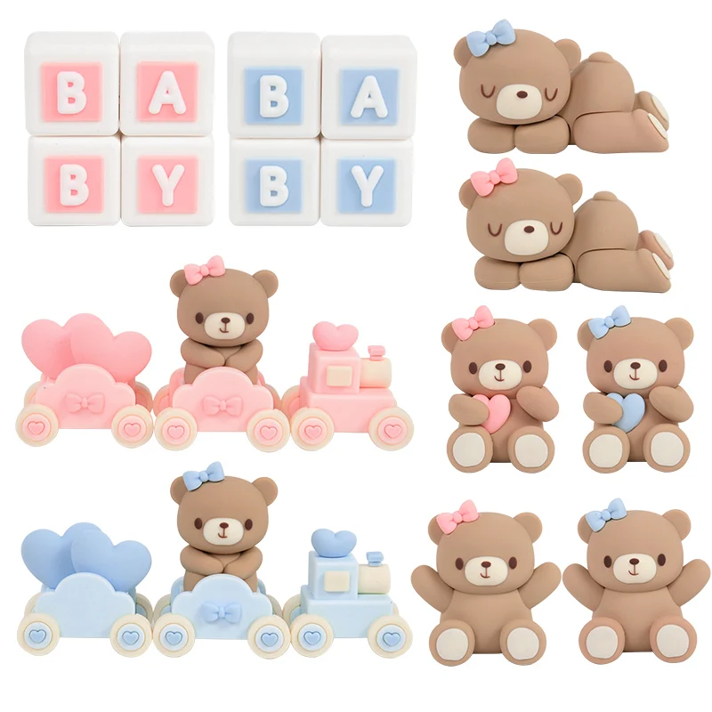 1set Pink Blue Bear Doll Cake Topper Cartoon Bow Baby Bear Train Cake Topper Boy Girl First Birthday Party Dessert DIY Decoation