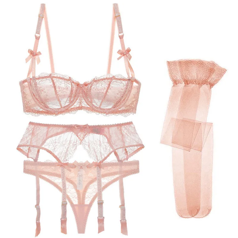Sexy Hohlspitzen-Lingerie-Set mit Schleife, Riemchen-BH, Strumpfhalter, Tanga, 4-teilig, Damen, transparentes Netz, romantisch, Nachtclub, Intim-BH