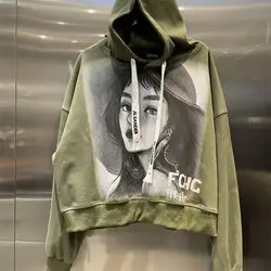 Chaqueta con capucha para mujer, sudadera de manga larga con estampado de avatar, informal, verde militar, moda versátil, ropa de tendencia, y2k, otoño