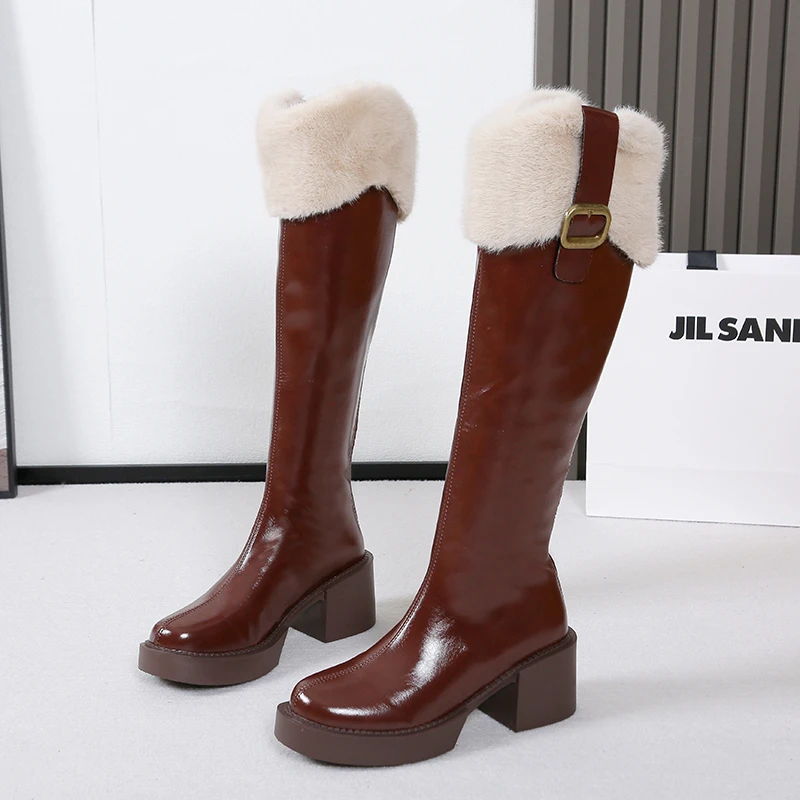 Botas de pele longa de cavaleiro de salto alto para mulheres, sapatos gladiadores aconchegantes no joelho, botas elegantes Chelsea, nova tendência, inverno, 2024