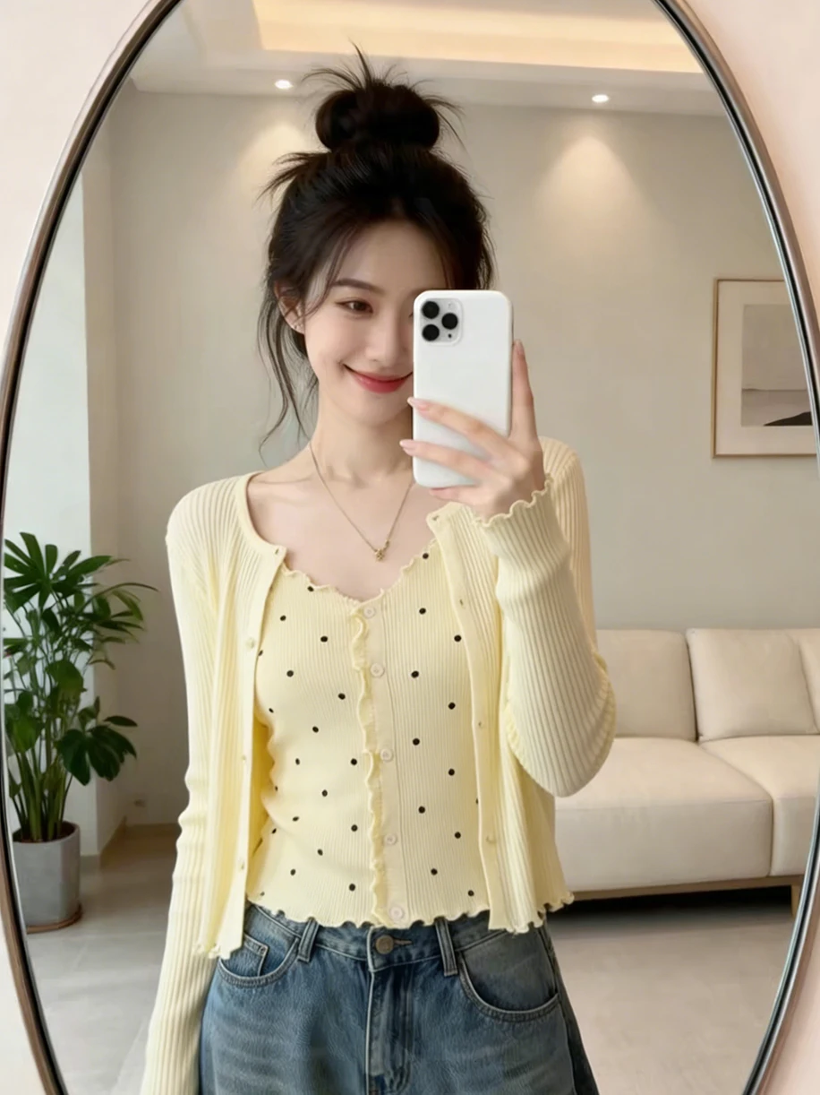 

Summer Polka Dot Knitted Cardigan Shawl Women's Outerwear with Strap Two-Piece Set Polyester Fiber Long Sleeve Short Length