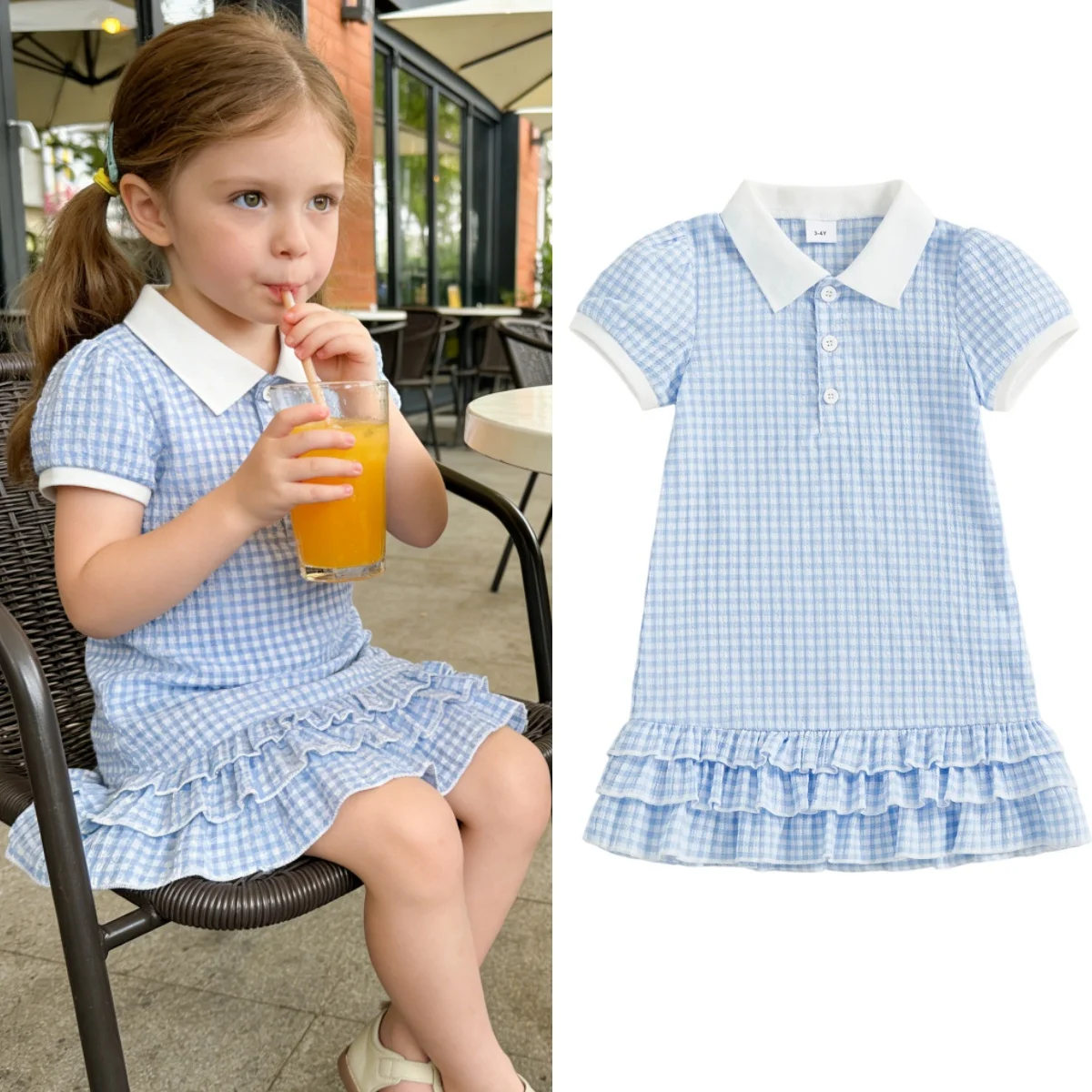 1-5Y Toddler Little Girl Gingham Dress Half Button-up Collared Short Sleeve Layered Ruffle Dresses