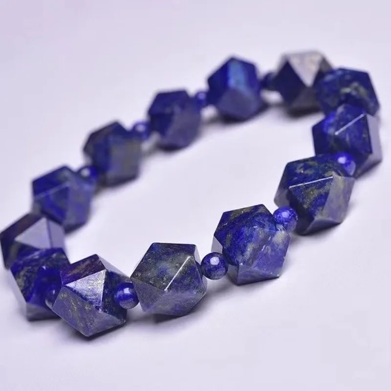 Rough Stone Blue and White Porcelain Lapis Lazuli Octagonal Single Ring Bracelet Surface Carved Bracelet Cut Bracelet in