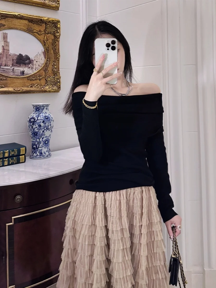 

Вязаный свитер на одно плечо в стиле ретро, женский облегающий топ с плечами, повседневная осенне-зимняя женская футболка Faion...