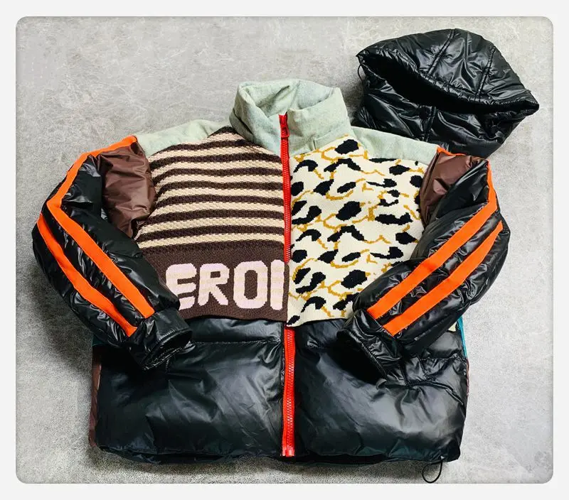 Down Jacket for Women 2025 Winter Denim Patchwork Knitted Striped Color-Block White Duck Down Thickened Puffer Jacket Coat