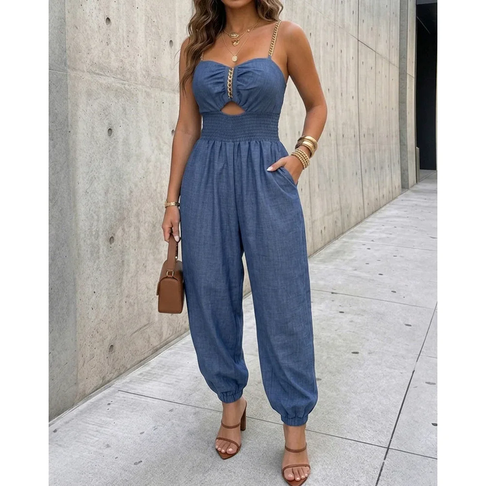 Women's Chain Strap Jumpsuit Hollow Out Shirred Waist Overalls Casual Jogger Jumpsuit with Pockets