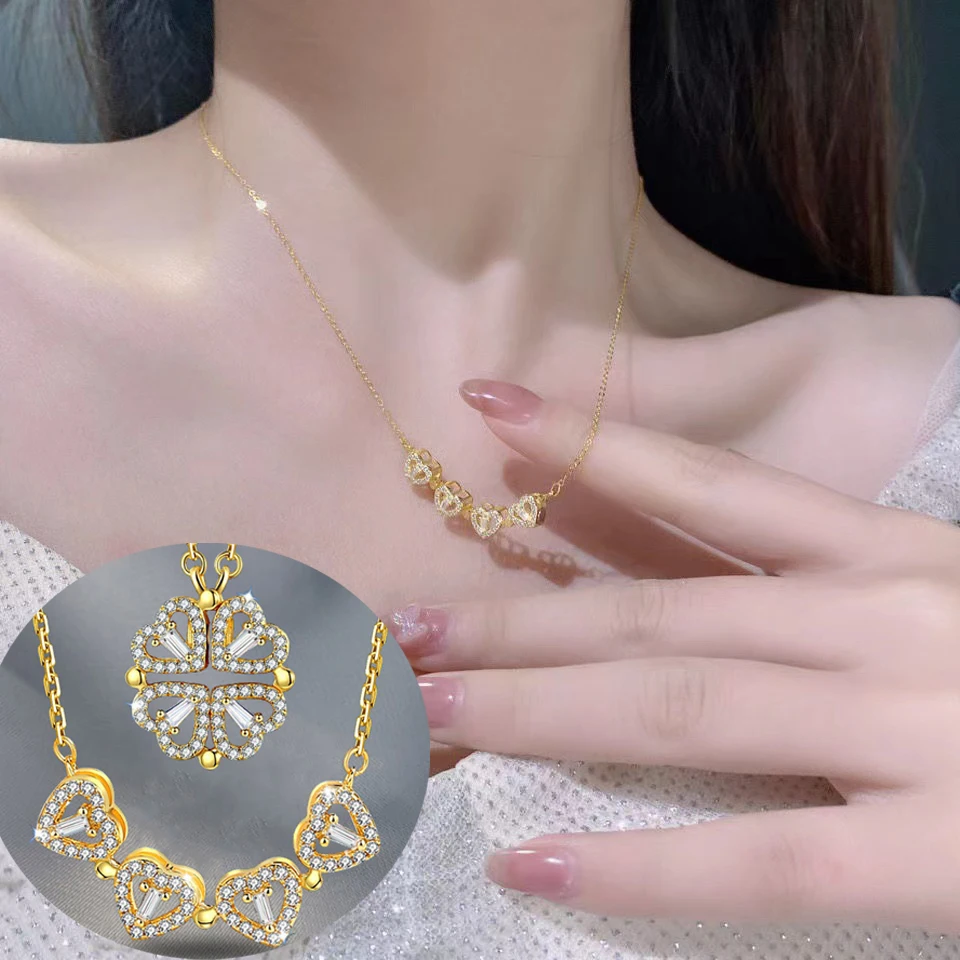 Deformable Heart-Shape Four-Leaf Flower Pendant Necklace Stainless Steel Chain Women Neck Hangling Jewelry Drop Shipping