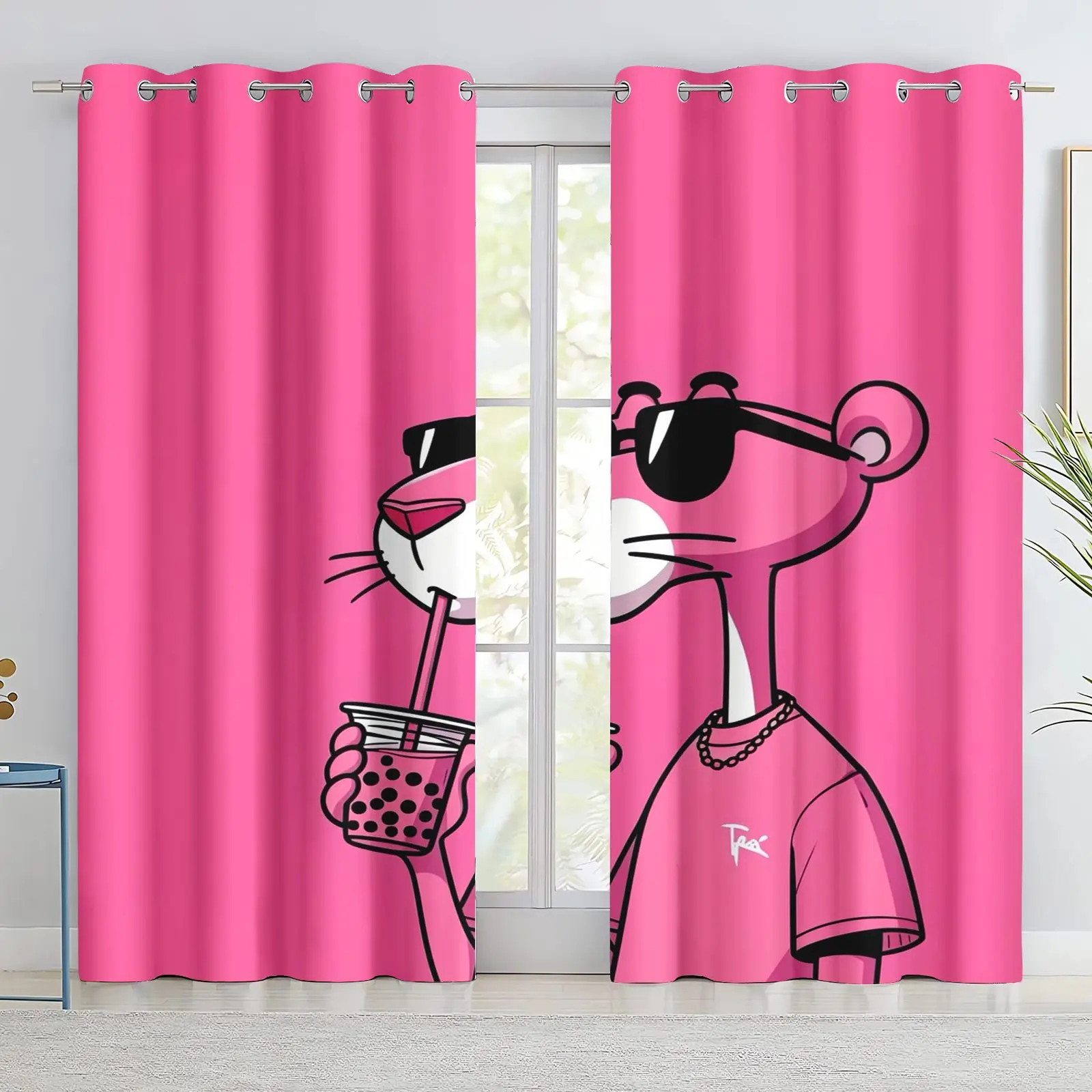 Pink Panther Letter Print Curtain Breaking Wall Design Pink Stripe Eyelet Curtain Girls Room Cartoon Window Drape