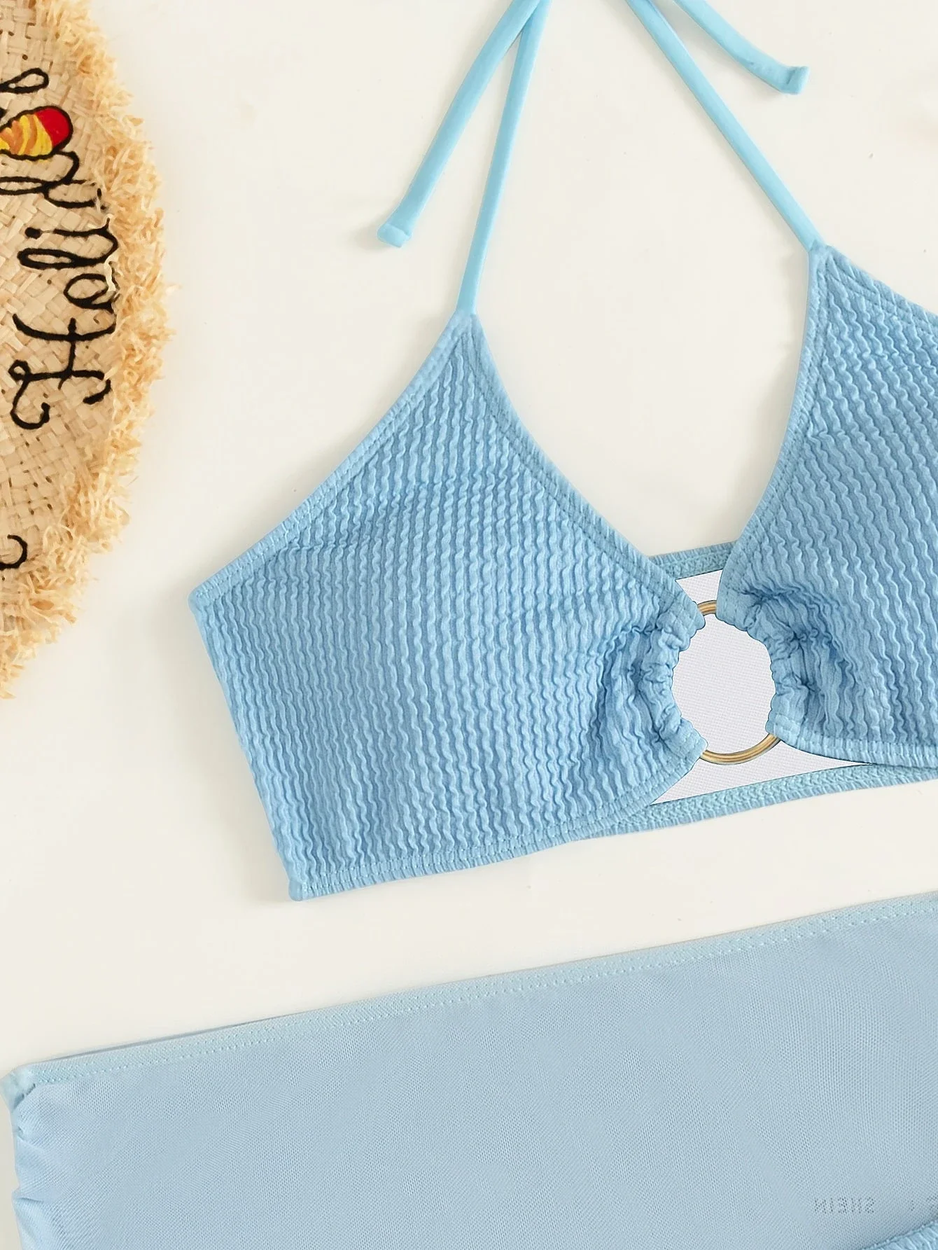

Textured Ring Linked Halter Bikini Set With Beach Skirt