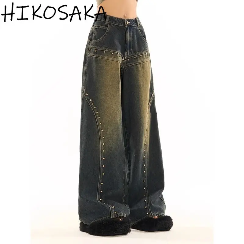 Vintage Rivet Streetwear Hippop Loose Y2k Jeans Women High Street Punk Casual Wide Leg Pants Aesthetic Grunge Pantalones Mujer