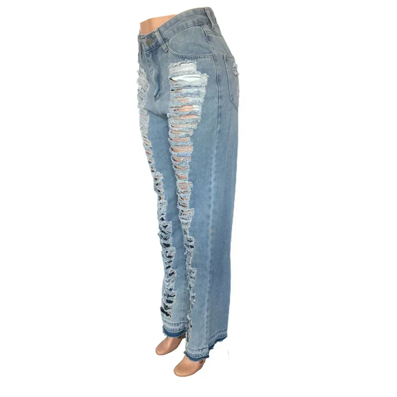 Sky Blue Fashion Broken Holes Jeans Women Ripped Vintage High Waist Denim Trousers Female New High Waist Ripped Pants Streetwear