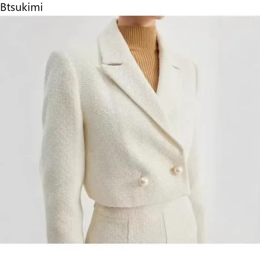2026 Women's  Autumn/Winter Solid Short Texture Weave Blazer Fashion Women Retro Lapel Long Sleeve Gold Button Coat Female Top